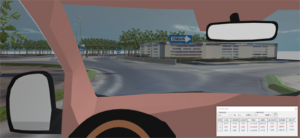 Simulación de la visibilidad del conductor de la furgoneta en el instante en que los peatones acceden a la calzada desde la isleta central.