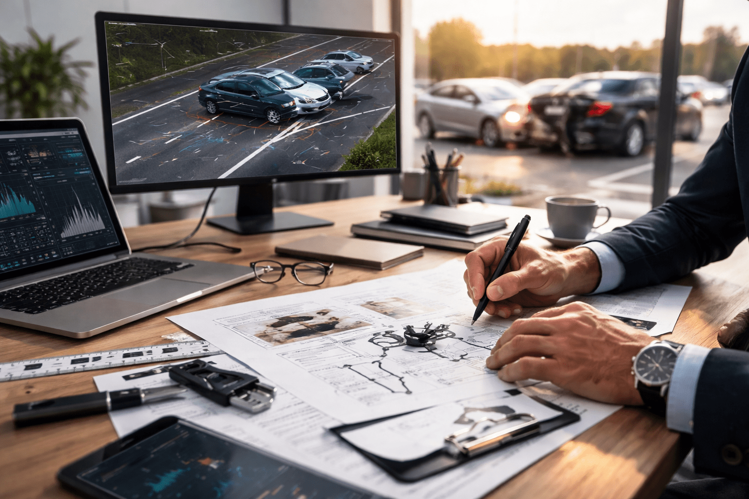 Imagen ficticia de un perito reconstructor trabajando mientras en el esterior se ve una embestida de vehículos